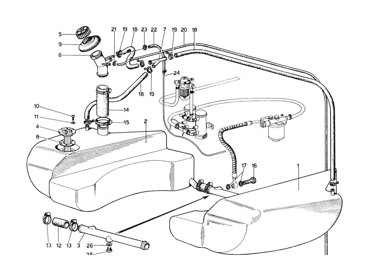 Ferrari 365 GTB4 (Daytona) Fuel Tanks & Piping exploded diagram