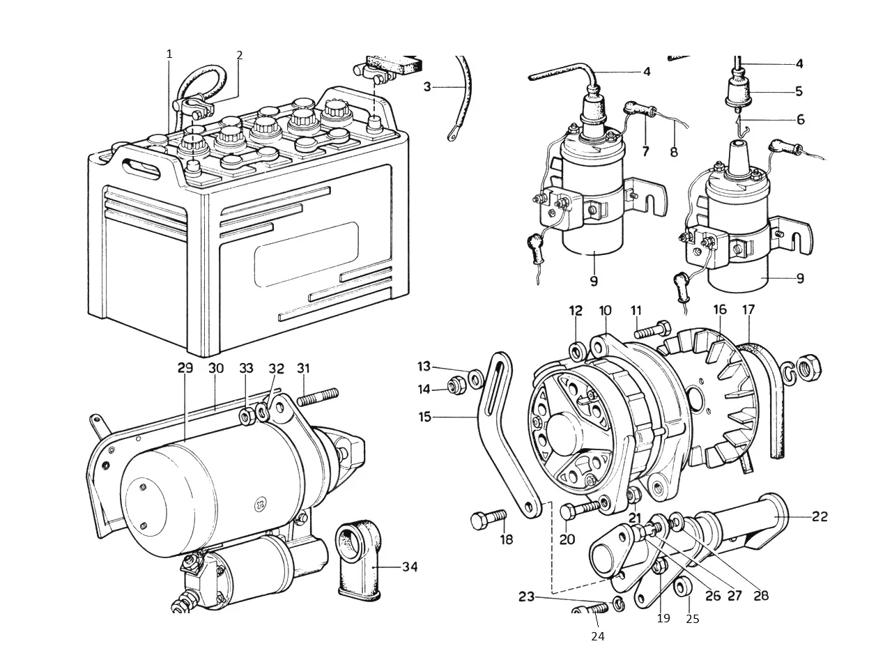 Ferrari 365 GTB4 (Daytona) Generator, Accumulator Coils & Starter exploded diagram