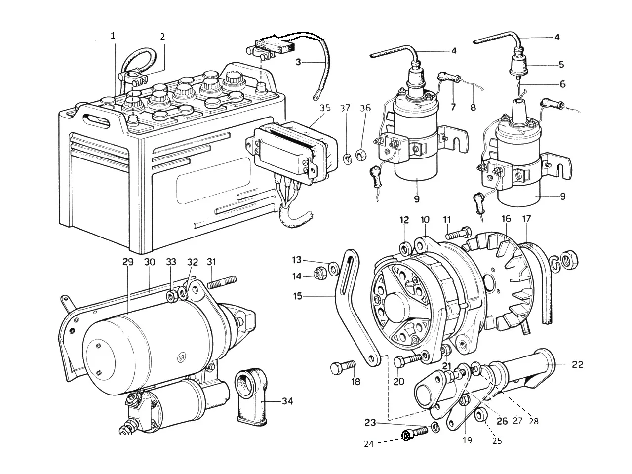 Ferrari 365 GTB4 (Daytona) Generator, Accumulator Coils & Starter (1974 Revision - Cars With Air Pollution System) exploded diagram