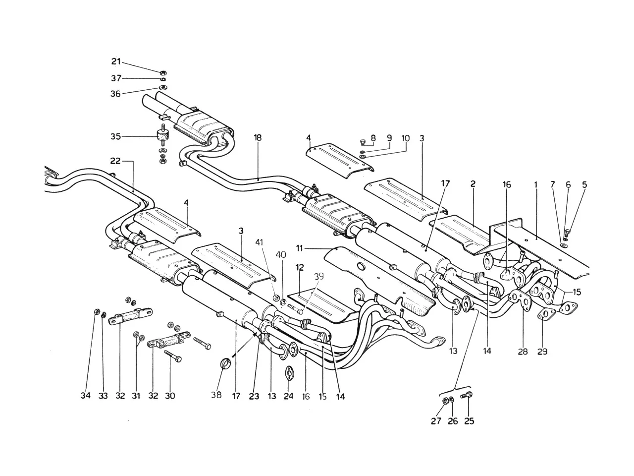 Ferrari 365 GTB4 (Daytona) Exhaust System (1974 Revision - Cars With Air Pollution System) exploded diagram