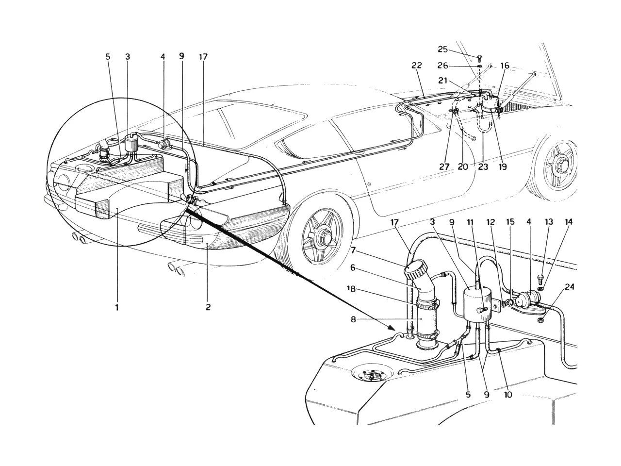 Ferrari 365 GTB4 (Daytona) Fuel Pump System (1972 Revision) exploded diagram