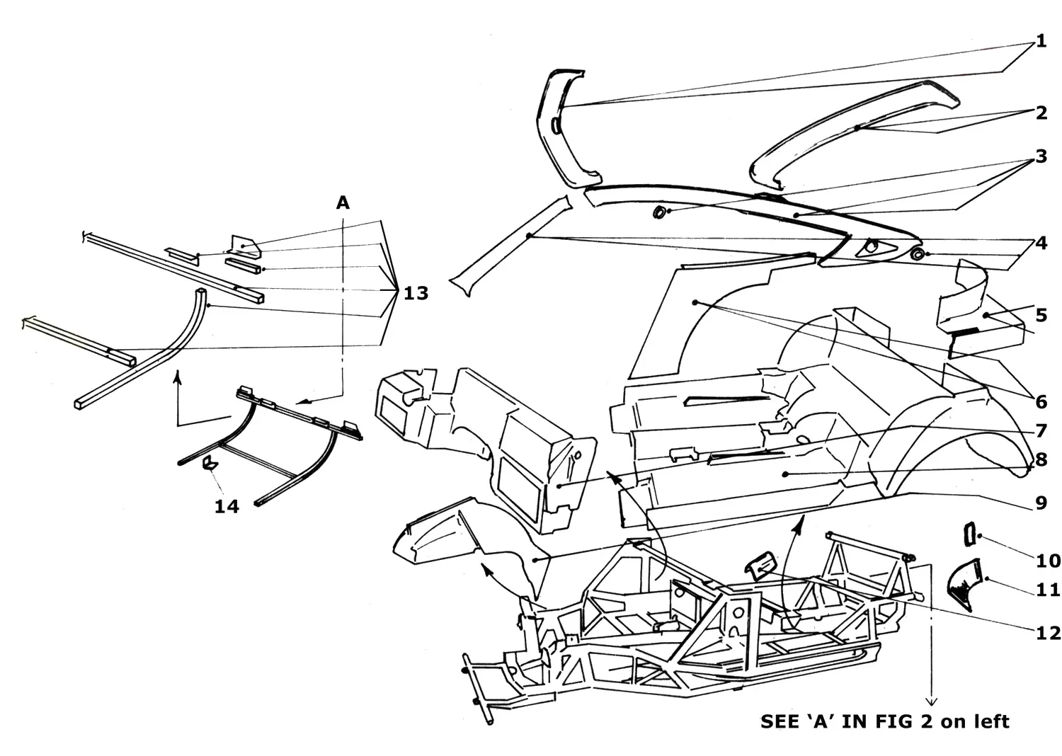 Ferrari 365 GTB4 (Daytona) Fibreglass Panels exploded diagram