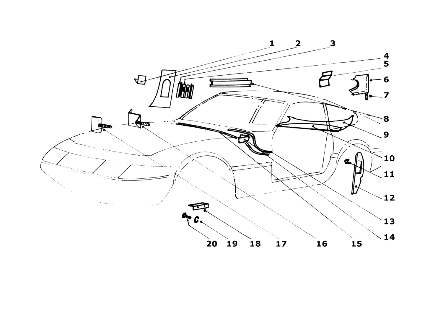 Ferrari 365 GTB4 (Daytona) Body Shell Elements — Parts Diagram 206A ...