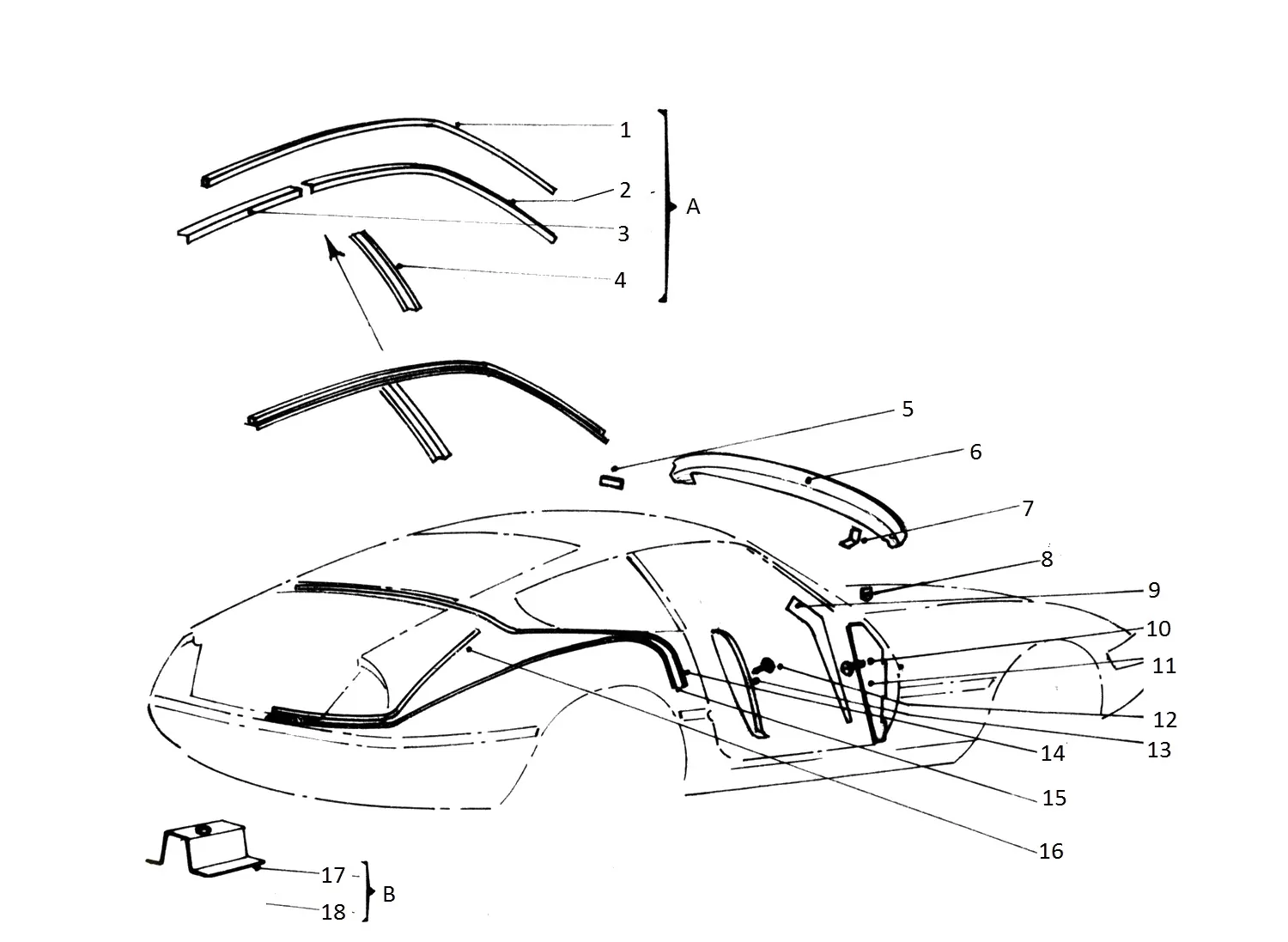 Ferrari 365 GTB4 (Daytona) Body Shell Elements exploded diagram