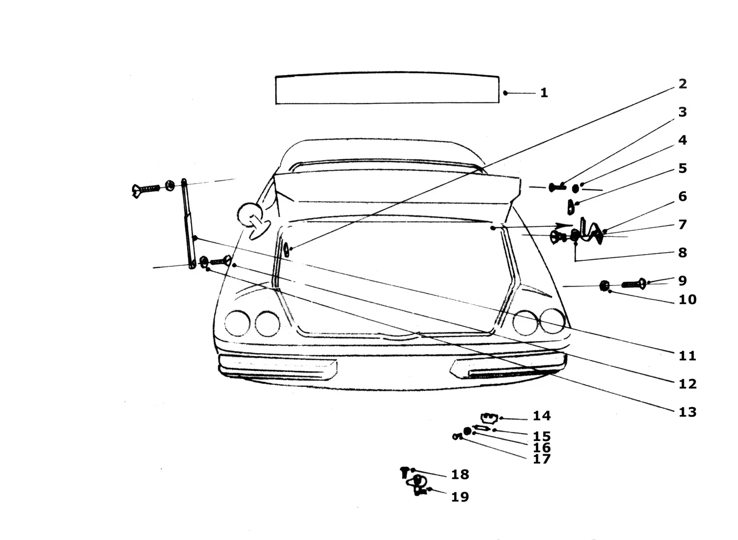 Ferrari 365 GTB4 (Daytona) Rear Hood Hinges exploded diagram