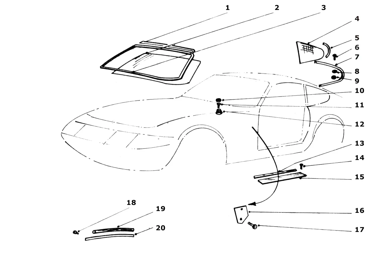 Ferrari 365 GTB4 (Daytona) Window Glass And Seals exploded diagram