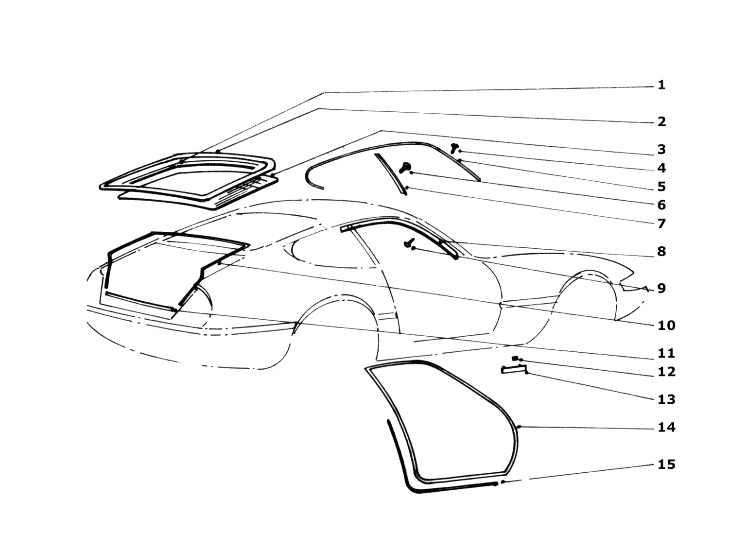 Ferrari 365 GTB4 (Daytona) Window Glass And Seals exploded diagram
