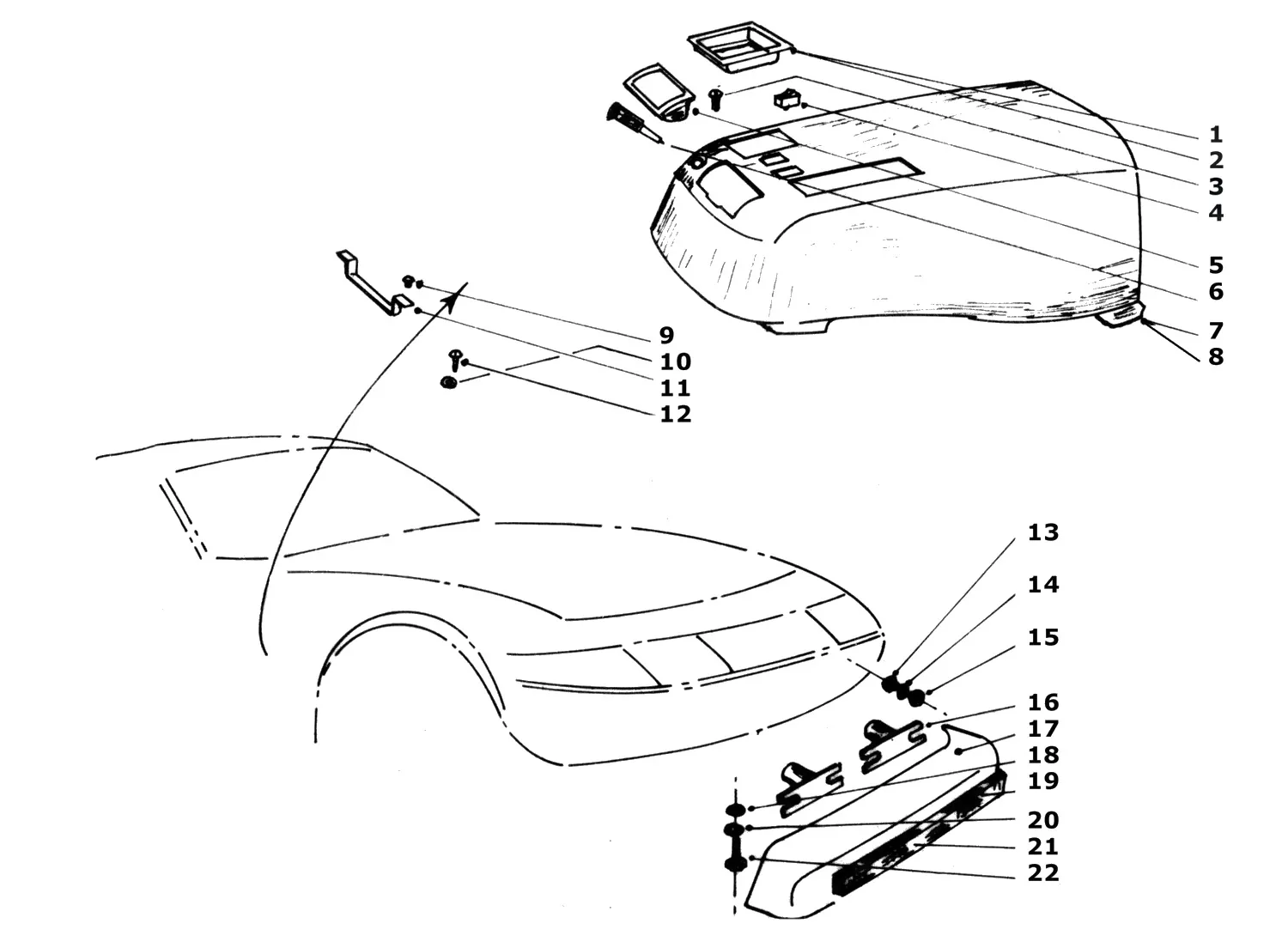 Ferrari 365 GTB4 (Daytona) Front Bumper & Centre Console exploded diagram