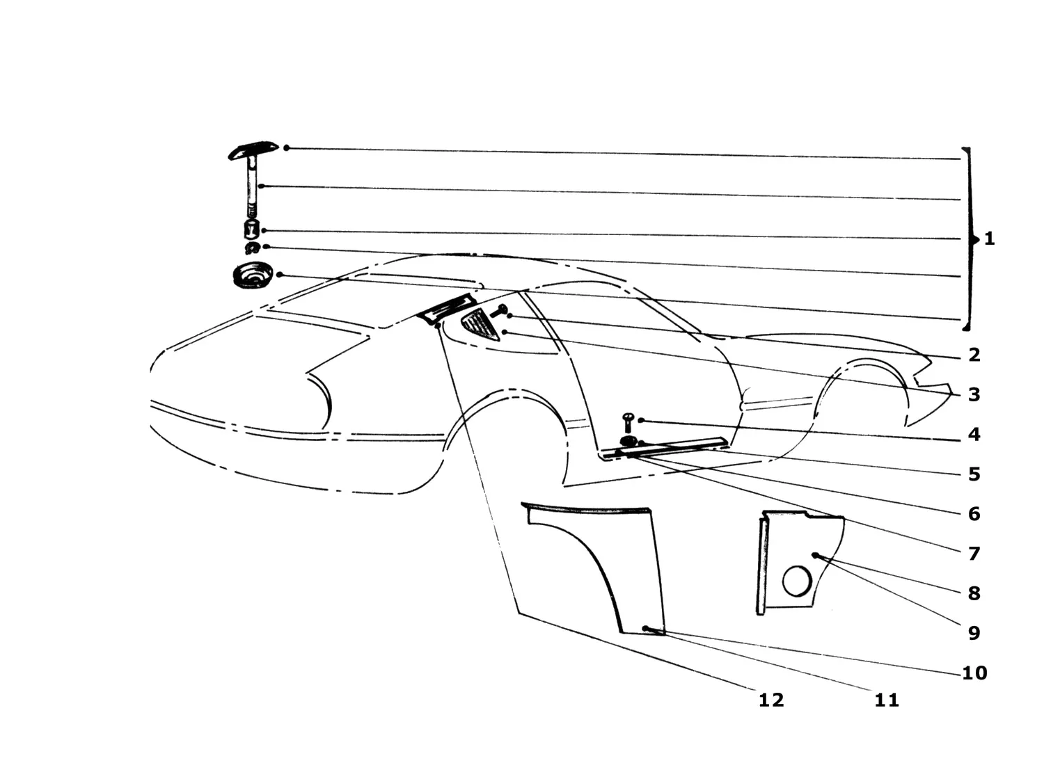 Ferrari 365 GTB4 (Daytona) Body Fittings — Parts Diagram 220B | AW Italian
