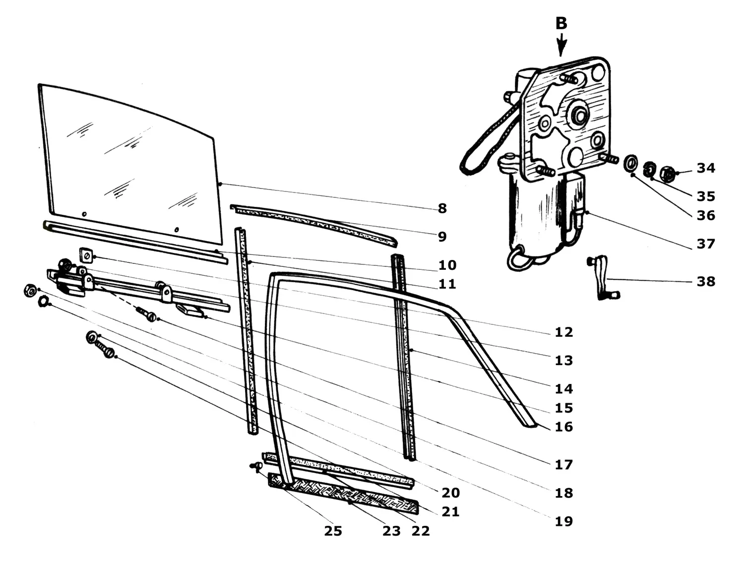 Ferrari 365 GTB4 (Daytona) Door Glass & Motor exploded diagram