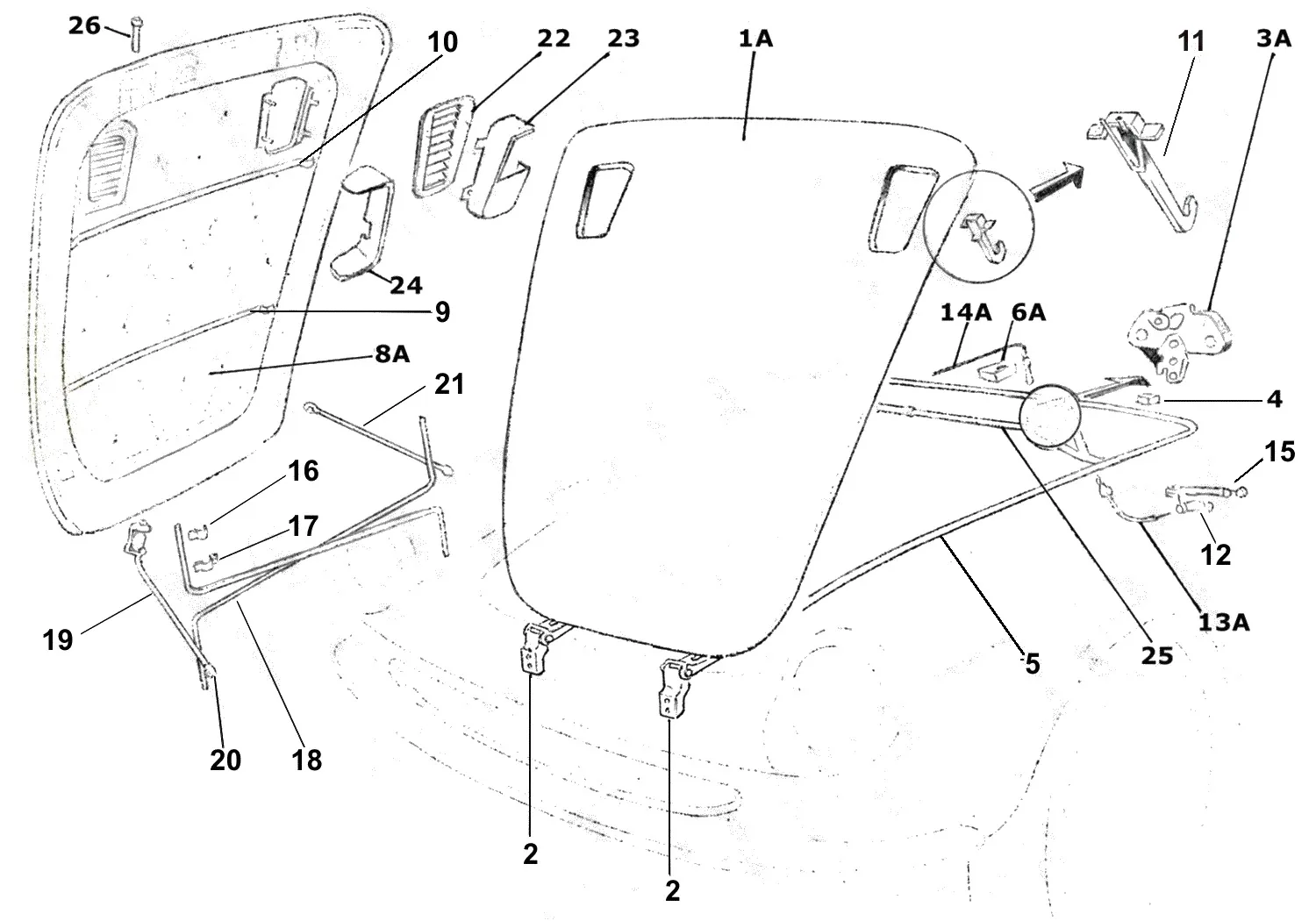Ferrari 365 GTC Bonnet Components (Late) exploded diagram