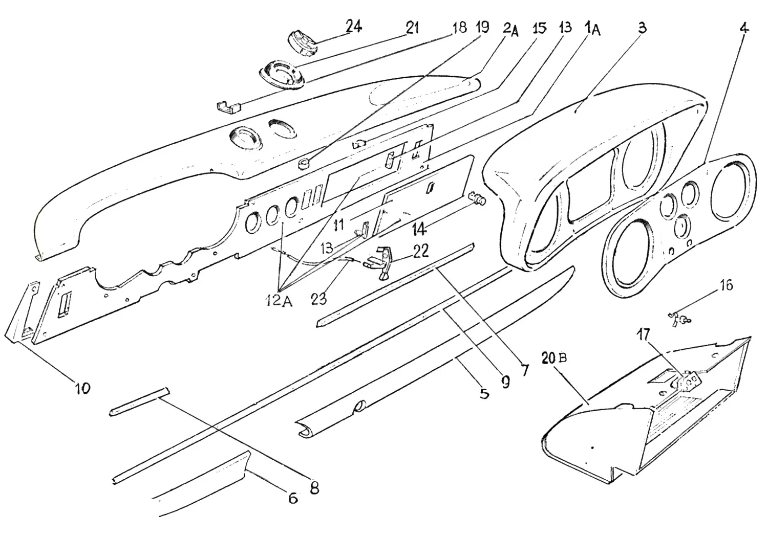 Ferrari 365 GTC Dashboard Components exploded diagram