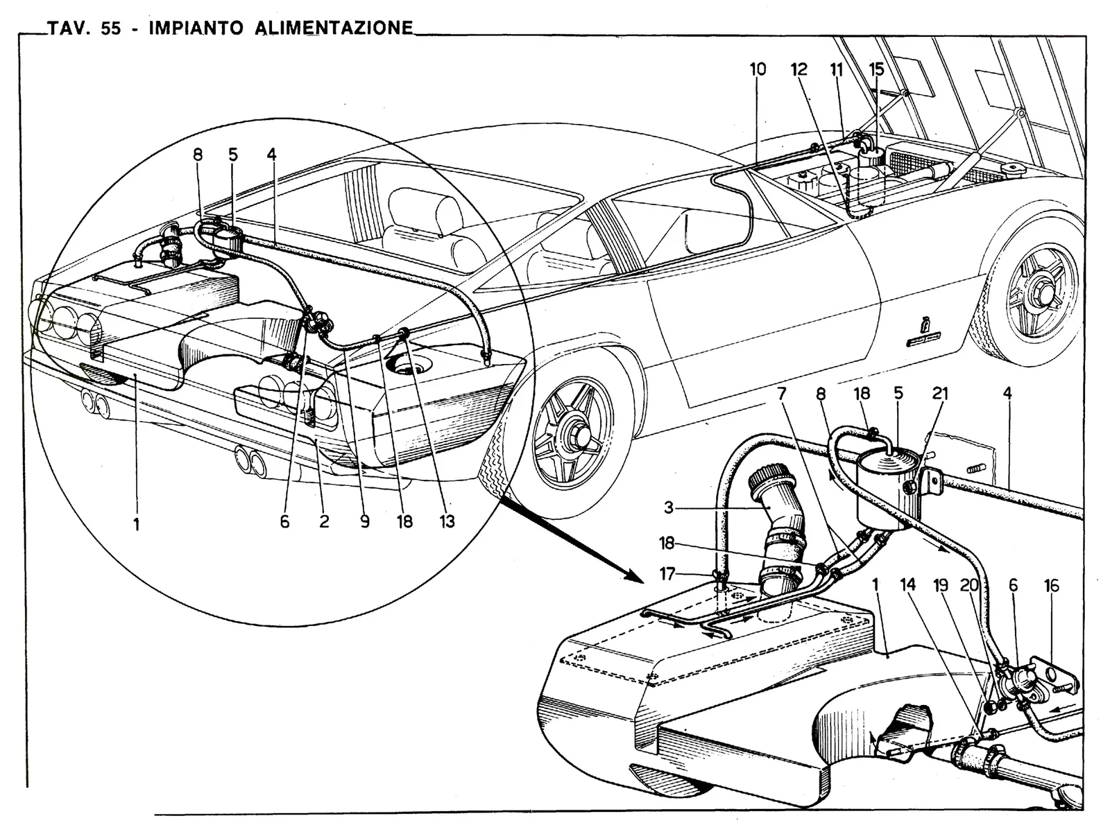 Ferrari 365 GTC4 USA Fuel Circuit - Air Pollution System Oct 1972 exploded diagram