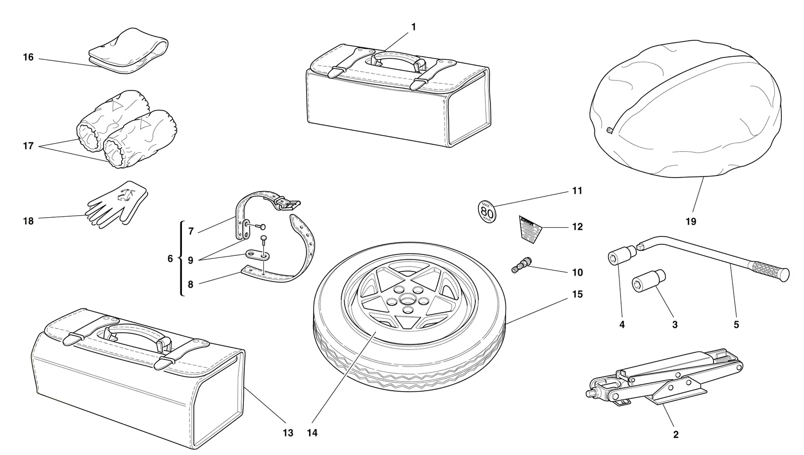 Ferrari 456 GT/GTA Spare Wheel And Equipment -Optionals- exploded diagram