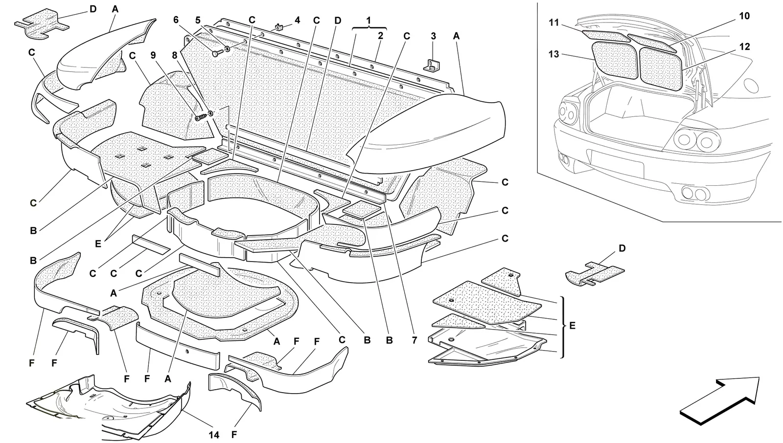 Ferrari 456 GT/GTA Trunk Hood Insulations -Not For 456 Gta- exploded diagram