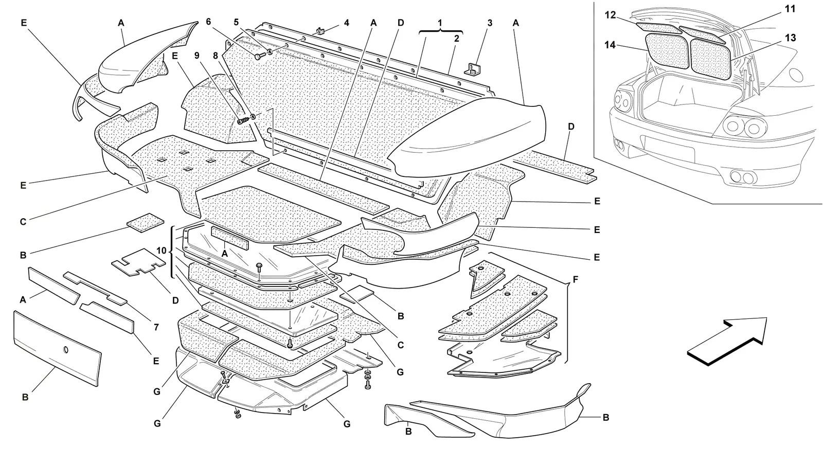 Ferrari 456 GT/GTA Trunk Hood Insulations -Valid For 456 Gta- exploded diagram