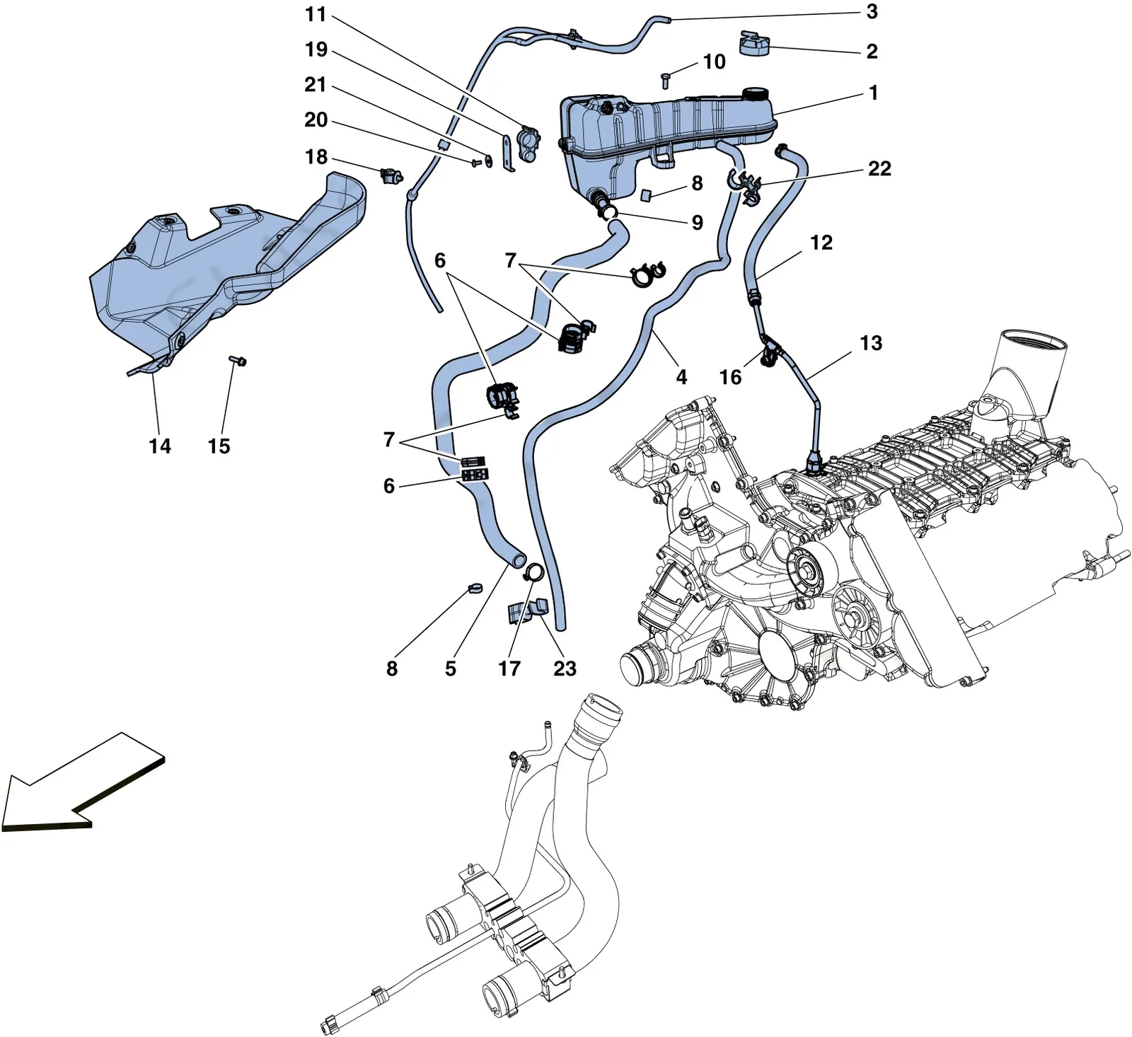 Ferrari 458 Speciale Aperta (Convertible) Cooling - Header Tank And Pipes exploded diagram