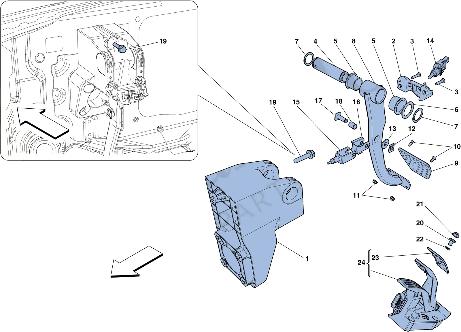 Ferrari 458 Speciale Aperta (Convertible) Complete Pedal Board Assembly exploded diagram