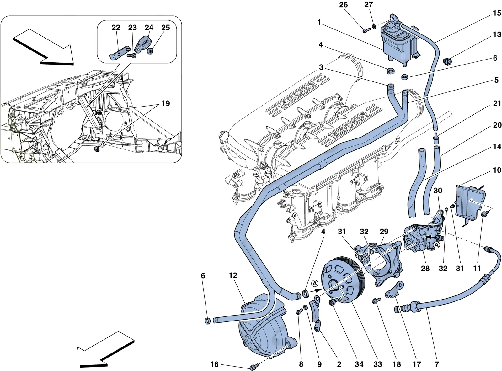 Ferrari 458 Speciale Aperta (Convertible) Power Steering Pump And Reservoir exploded diagram