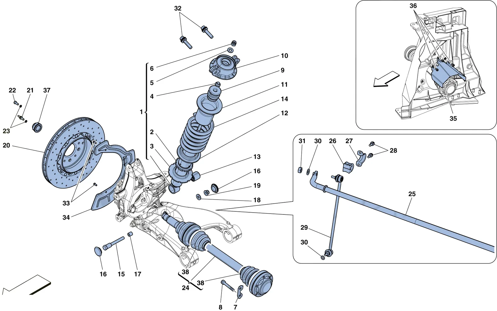 Ferrari 458 Speciale Aperta (Convertible) Rear Suspension - Shock Absorber And Brake Disc exploded diagram