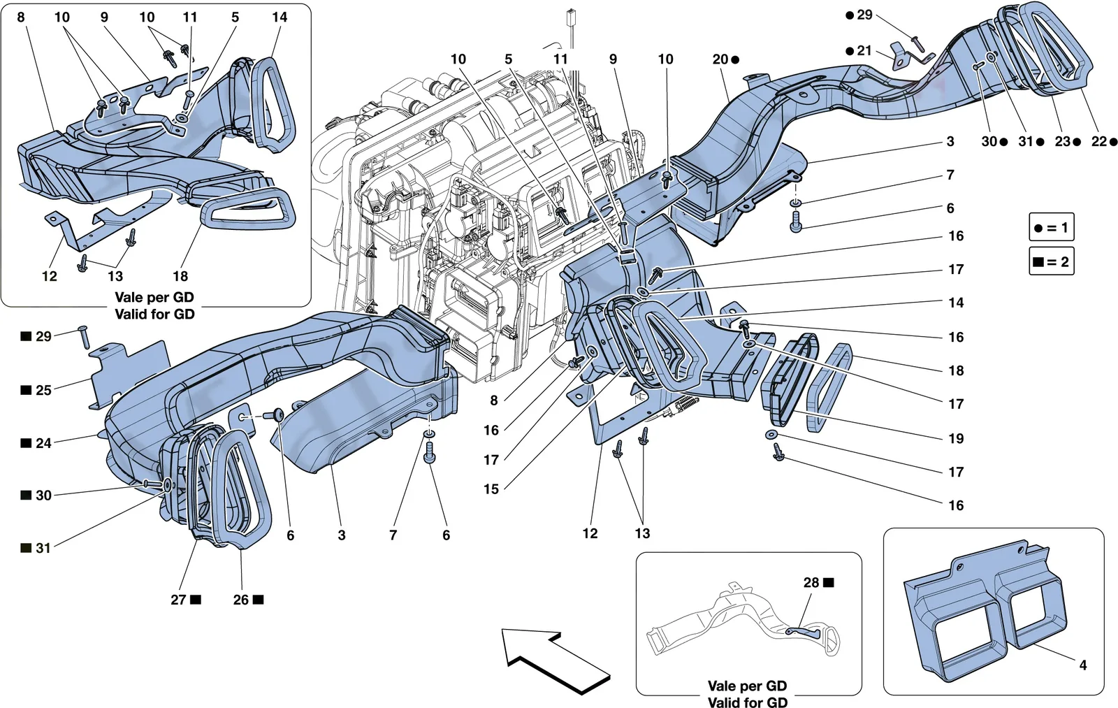 Ferrari 458 Speciale Aperta (Convertible) Dashboard Air Ducts exploded diagram