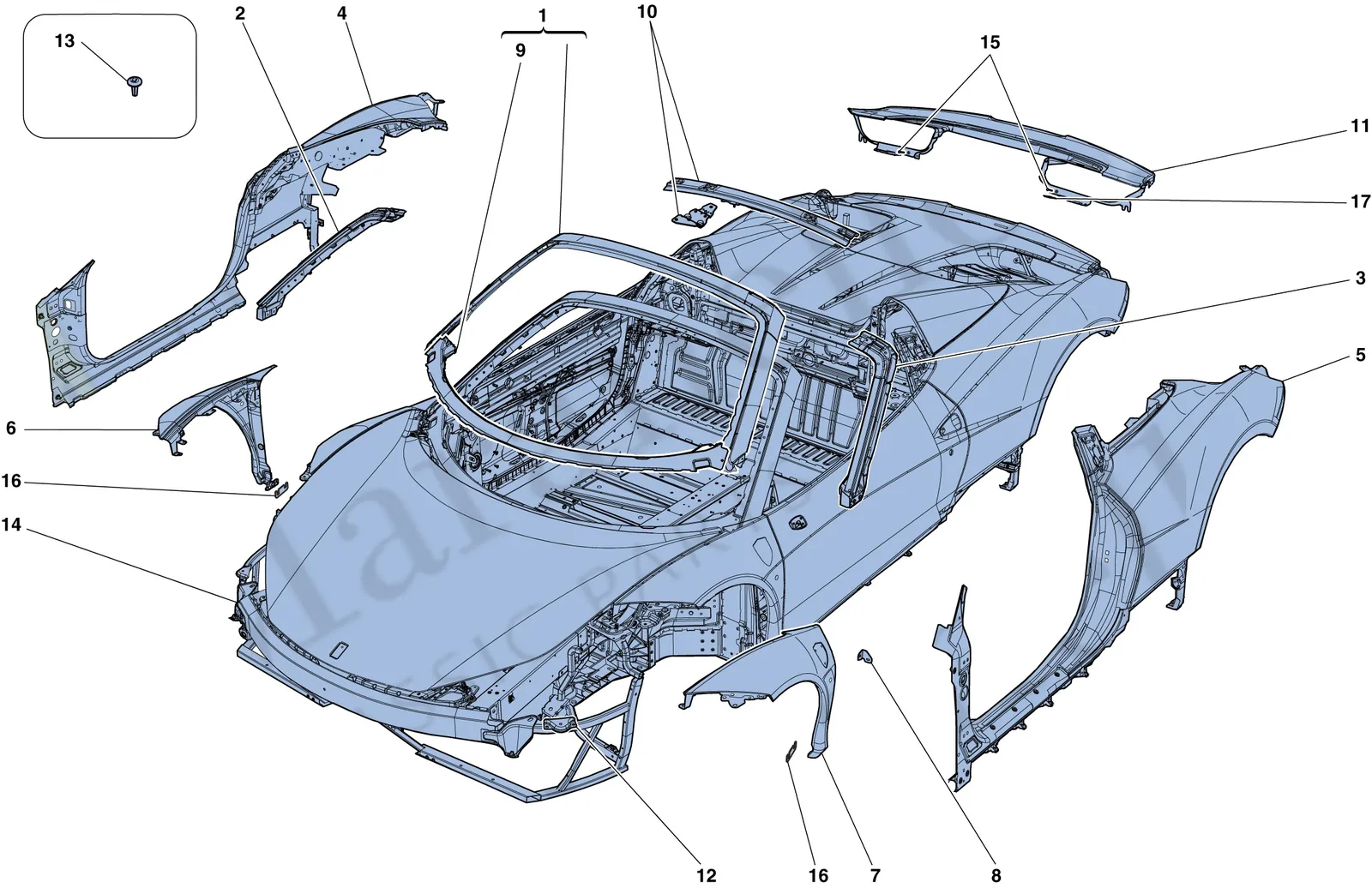 Ferrari 458 Speciale Aperta (Convertible) Bodyshell - External Trim exploded diagram