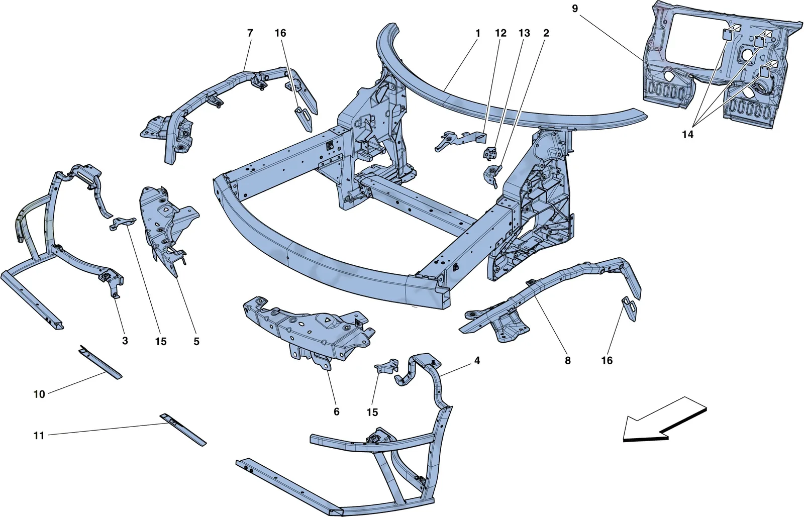 Ferrari 458 Speciale Aperta (Convertible) Chassis - Complete Front Structure And Panels exploded diagram