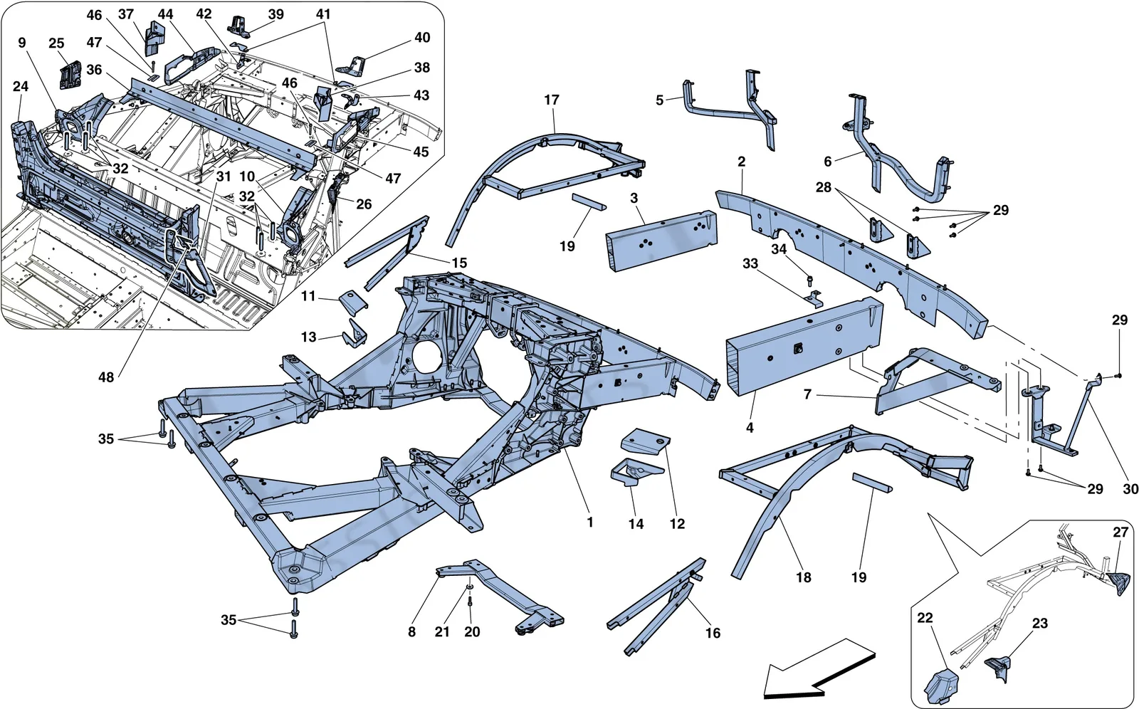 Ferrari 458 Speciale Aperta (Convertible) Chassis - Structure, Rear Elements And Panels exploded diagram