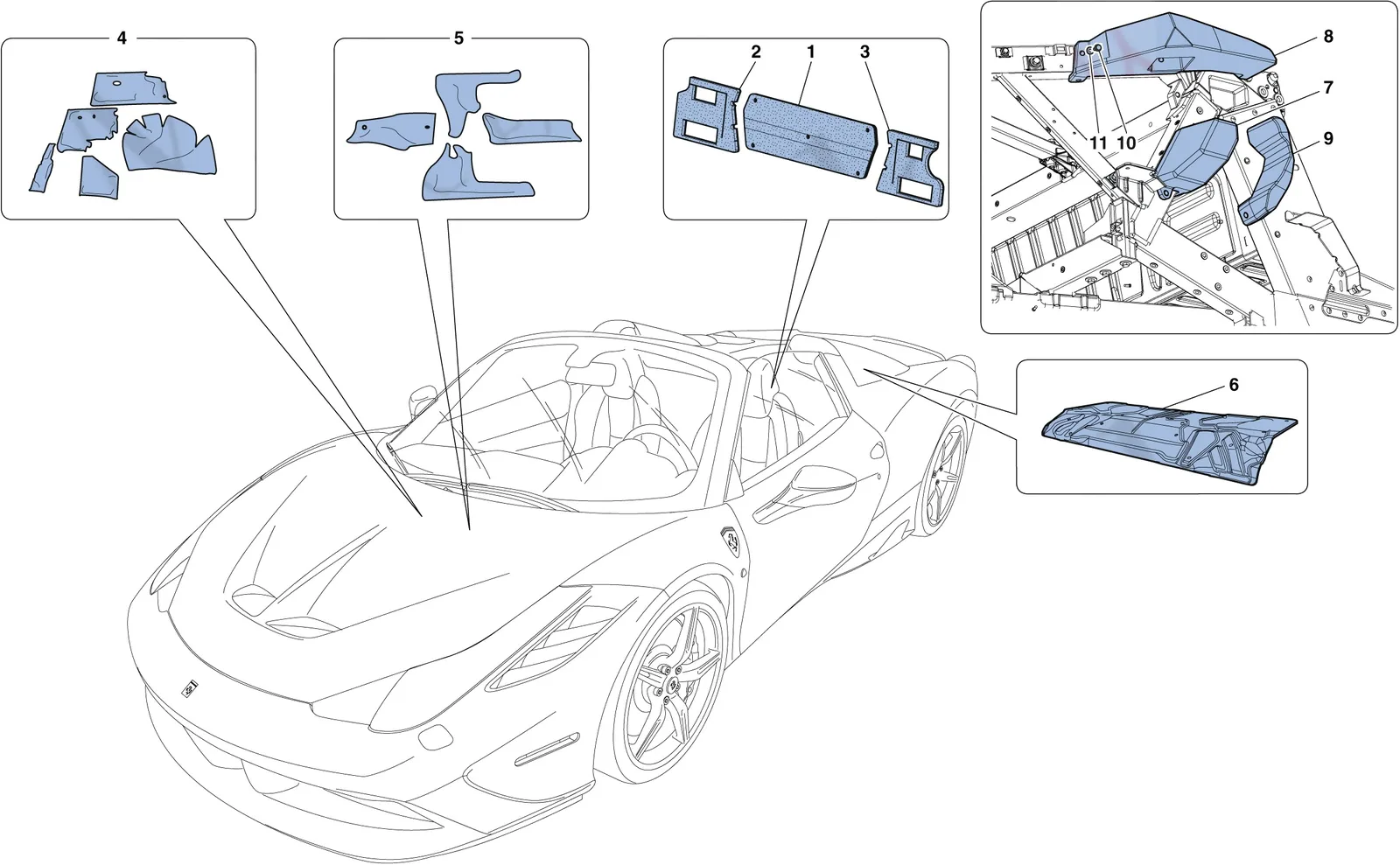 Ferrari 458 Speciale Aperta (Convertible) Insulation exploded diagram