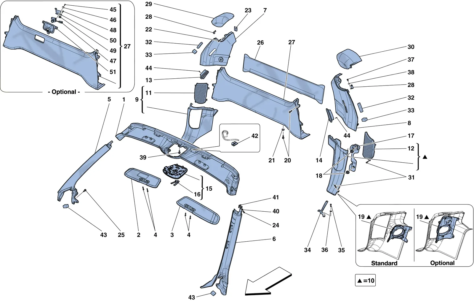 Ferrari 458 Speciale Aperta (Convertible) Headliner Trim And Accessories exploded diagram