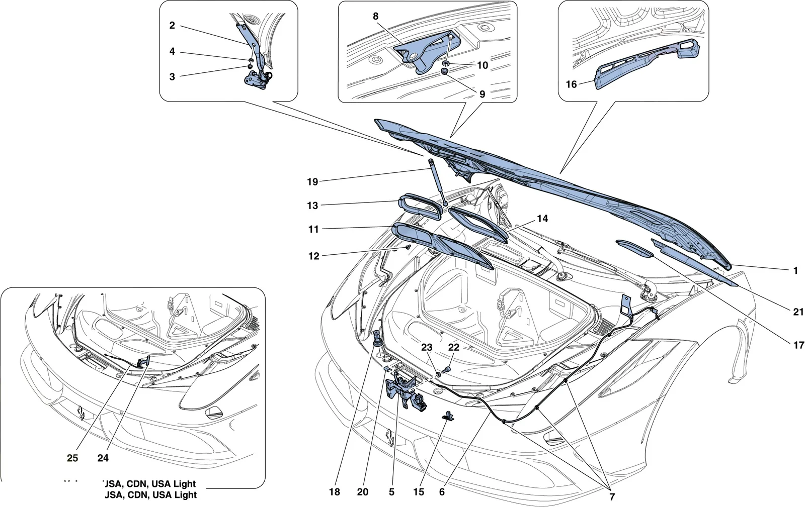 Ferrari 458 Speciale Aperta (Convertible) Front Lid And Opening Mechanism exploded diagram