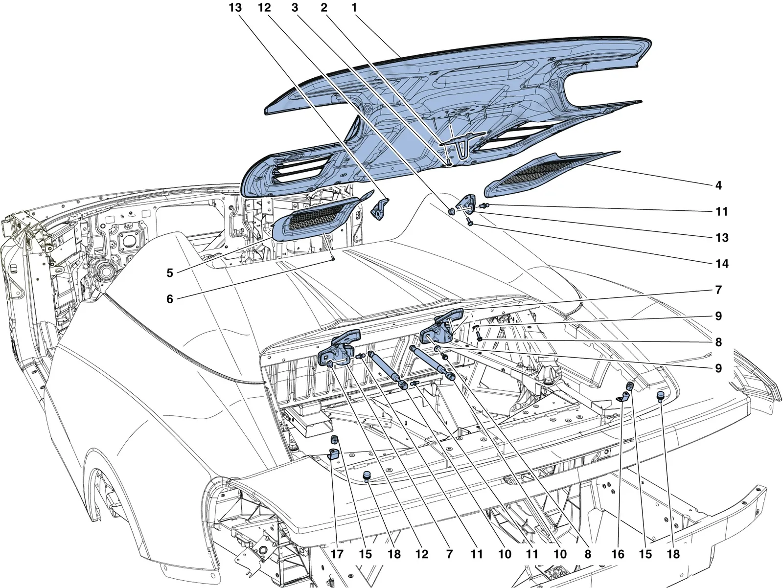 Ferrari 458 Speciale Aperta (Convertible) Engine Compartment Lid exploded diagram
