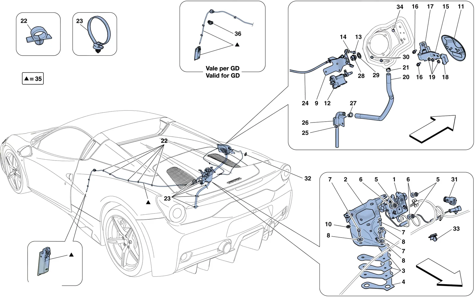 Ferrari 458 Speciale Aperta (Convertible) Engine Compartment Lid And Fuel Filler Flap Opening Mechanisms exploded diagram