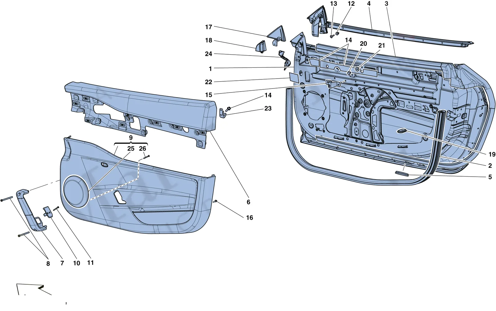Ferrari 458 Speciale Aperta (Convertible) Doors - Substructure And Trim exploded diagram