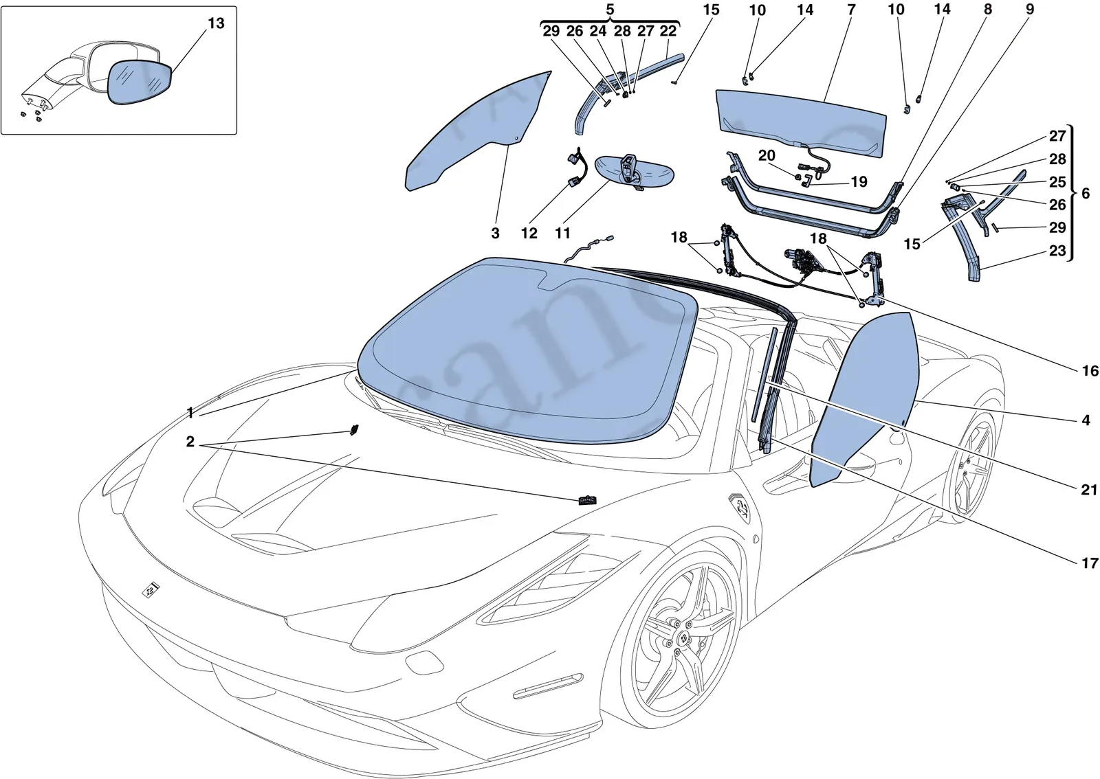 Ferrari 458 Speciale Aperta (Convertible) Screens, Windows And Seals exploded diagram