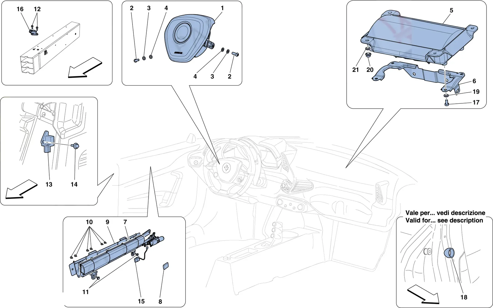 Ferrari 458 Speciale Aperta (Convertible) Airbags exploded diagram