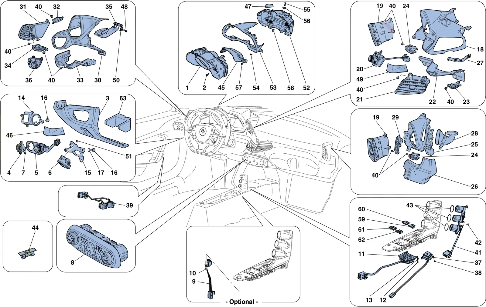 Ferrari 458 Speciale Aperta (Convertible) Dashboard And Tunnel Instruments exploded diagram