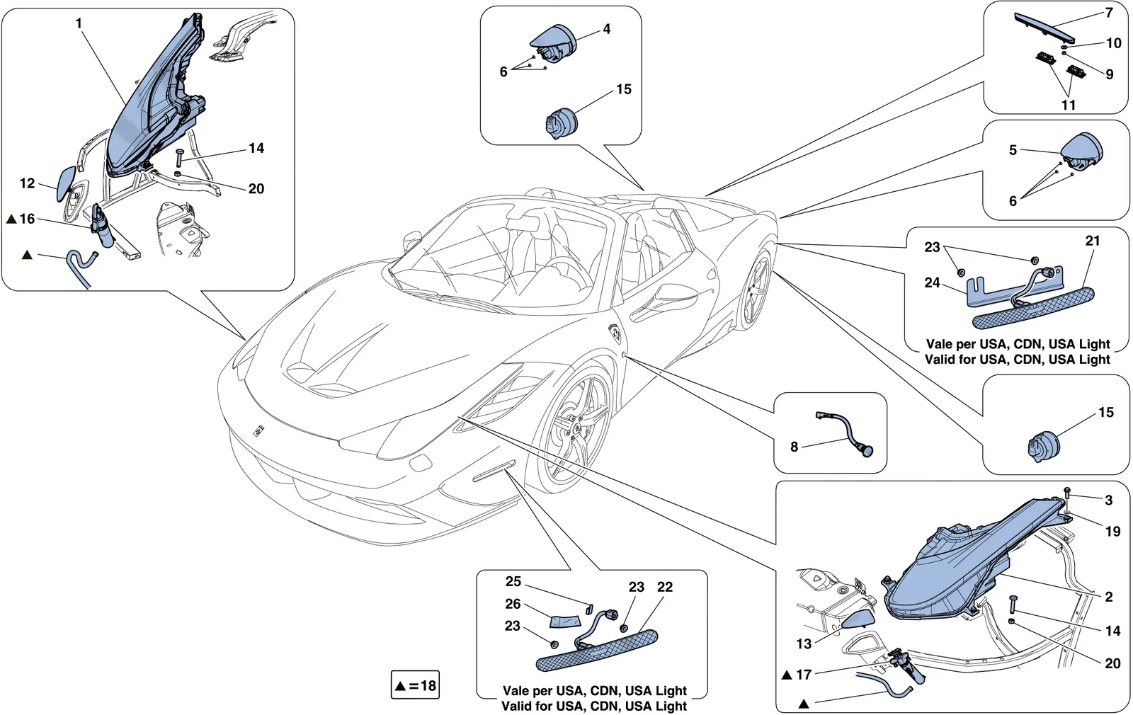 Ferrari 458 Speciale Aperta (Convertible) Headlights And Taillights exploded diagram