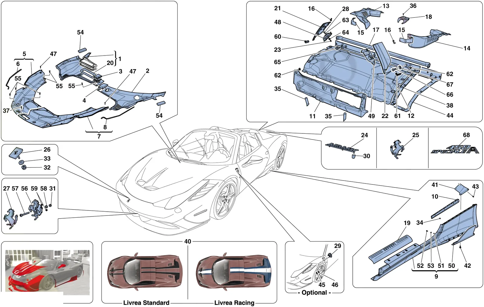 Ferrari 458 Speciale Aperta (Convertible) Shields - External Trim exploded diagram