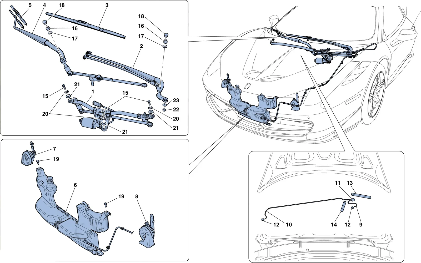 Ferrari 458 Speciale Aperta (Convertible) Windscreen Wiper, Windscreen Washer And Horns exploded diagram