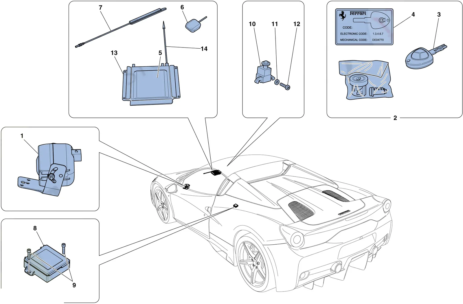 Ferrari 458 Speciale Aperta (Convertible) Anti-Theft System exploded diagram