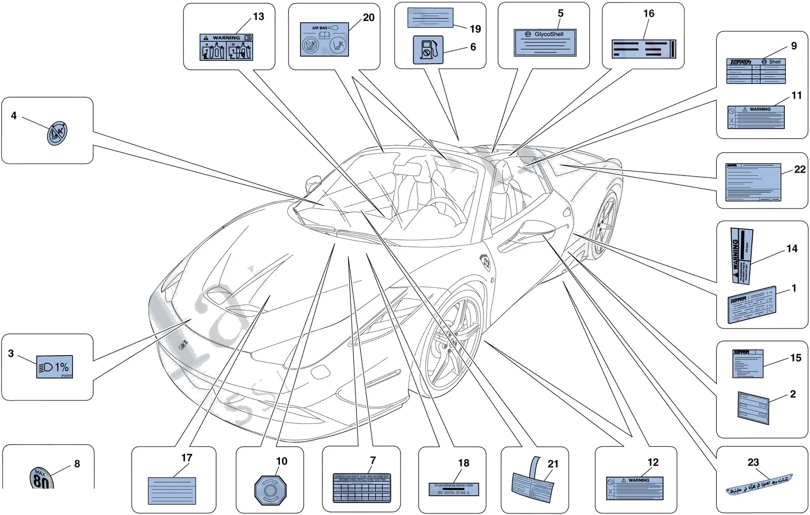 Ferrari 458 Speciale Aperta (Convertible) Adhesive Labels And Plaques exploded diagram