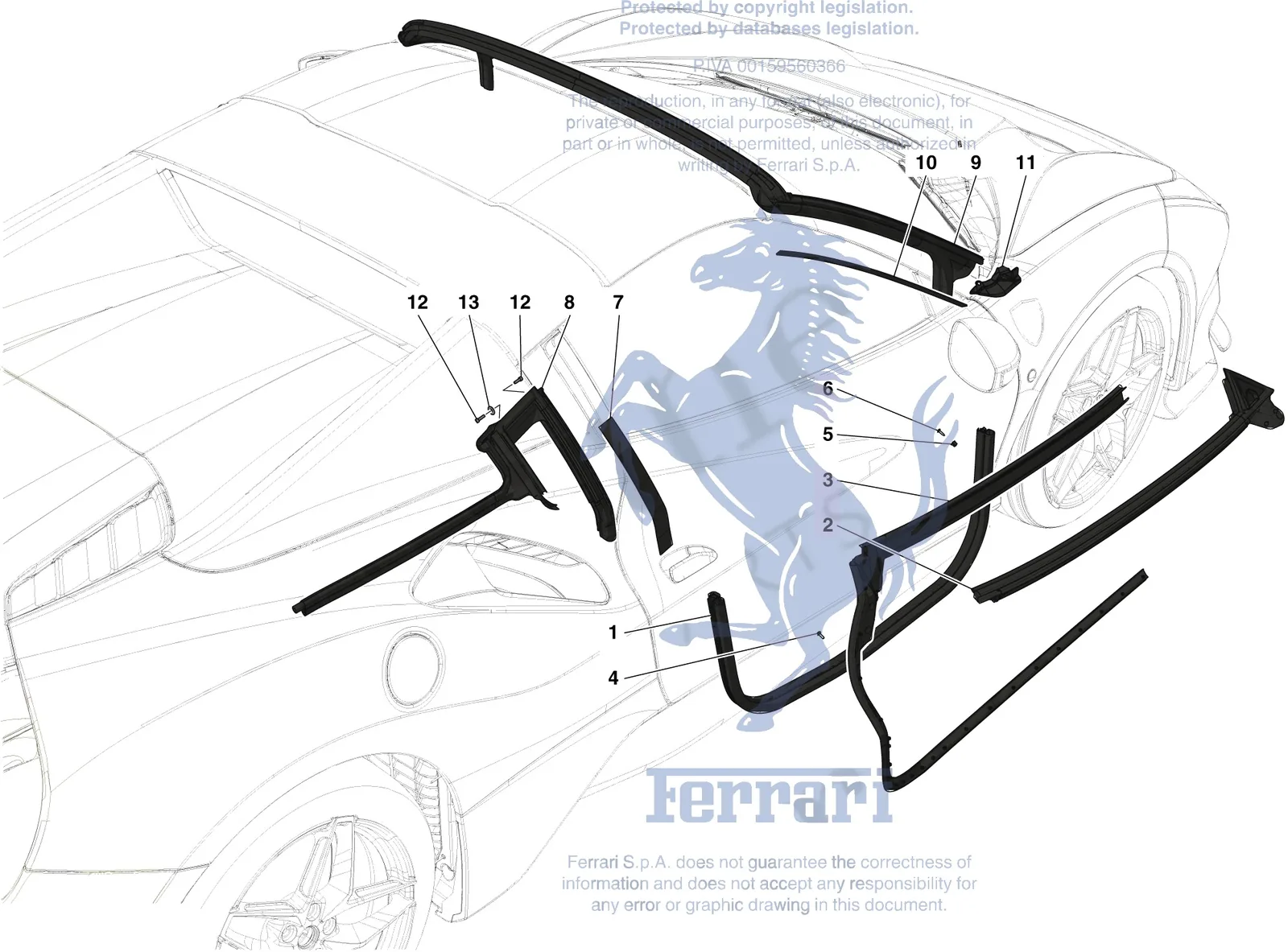 Ferrari 488 Pista Spider Door Seals exploded diagram