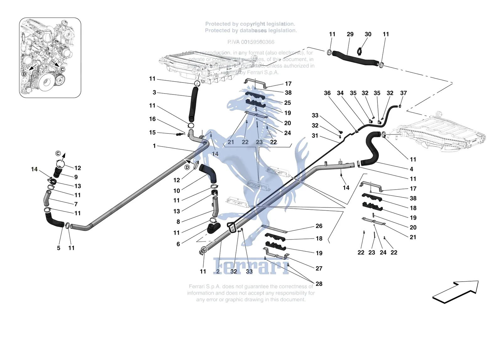 Ferrari 488 Pista [MECHANICAL SYSTEM] - D.16 - COOLING SYSTEM PIPES exploded diagram