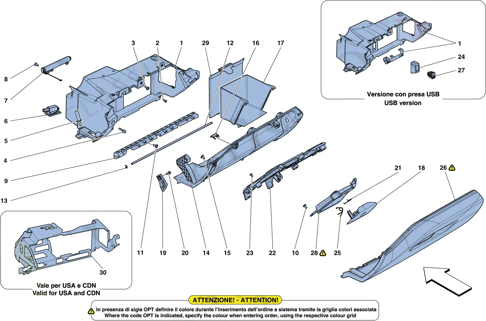 Ferrari 488 Spider Glove Compartment exploded diagram