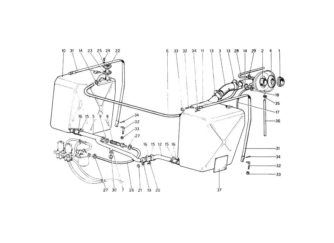 Ferrari 512 BB (Carburetor) Fuel Tanks And Pipes exploded diagram