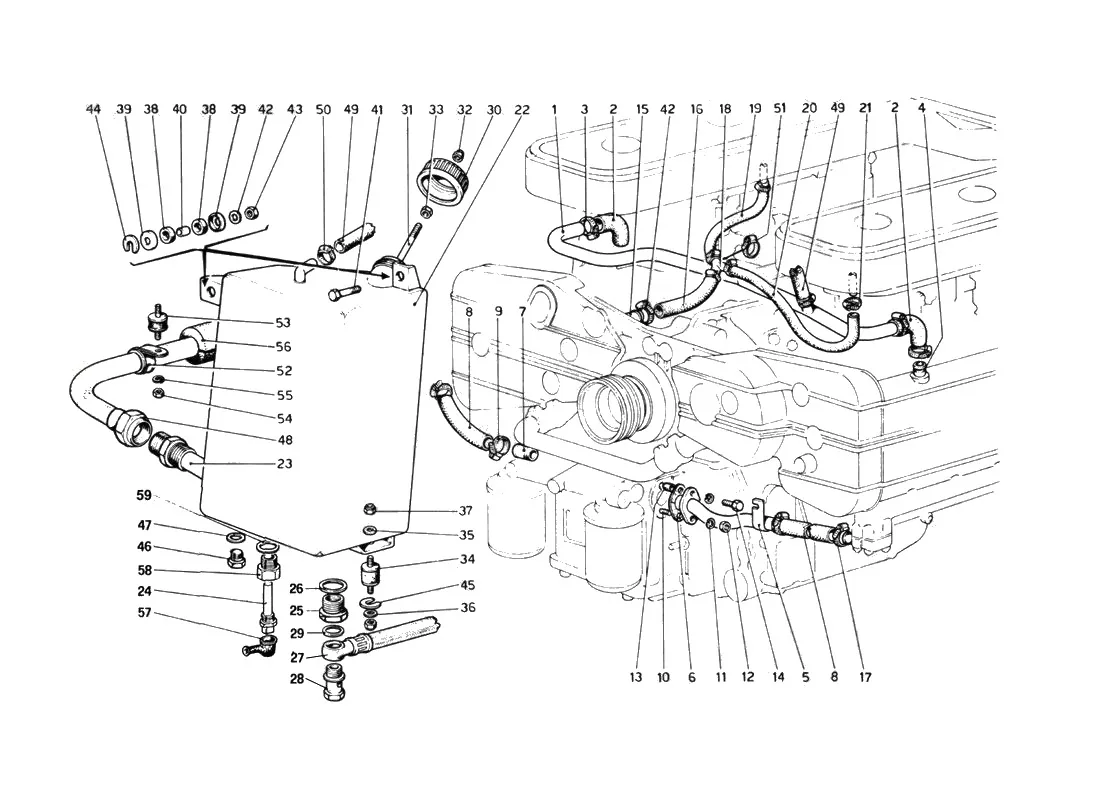 Ferrari 512 BB (Carburetor) Lubrication - Blow-By And Oil Reservoir exploded diagram