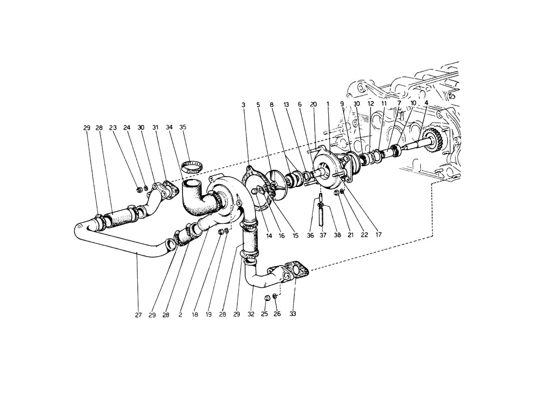 Ferrari 512 BB (Carburetor) Water Pump And Pipes exploded diagram