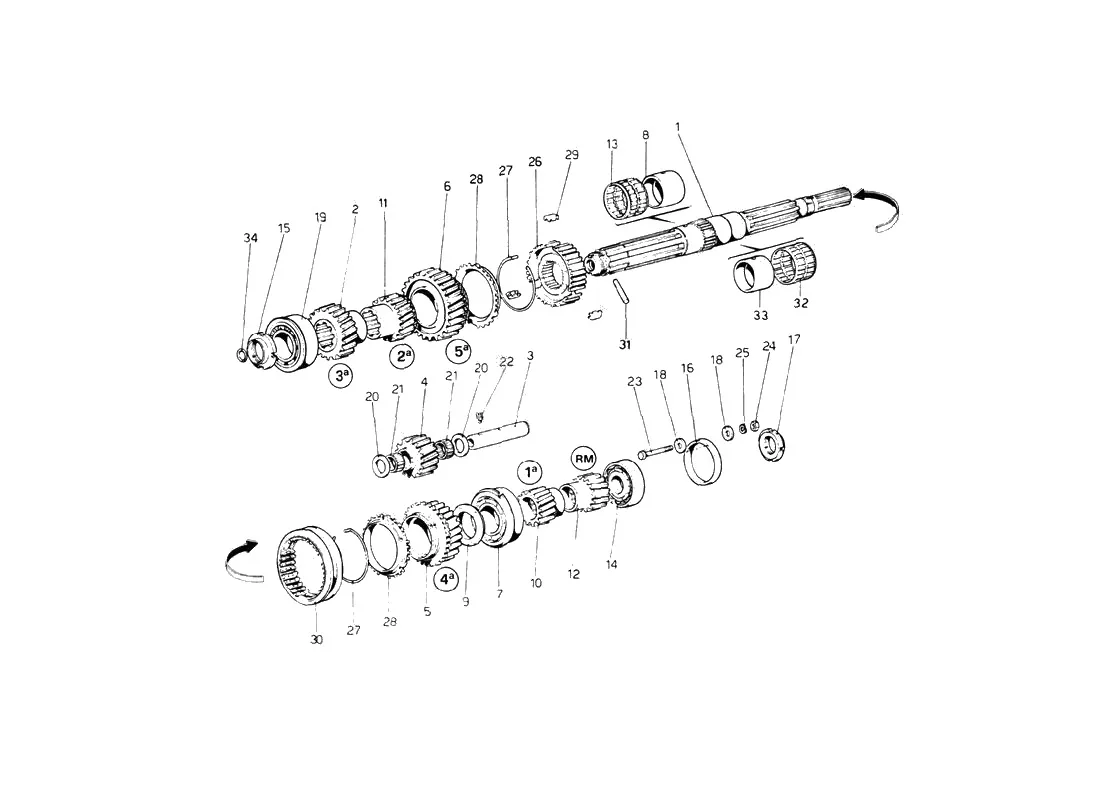 Ferrari 512 BB (Carburetor) Main Shaft Gears exploded diagram