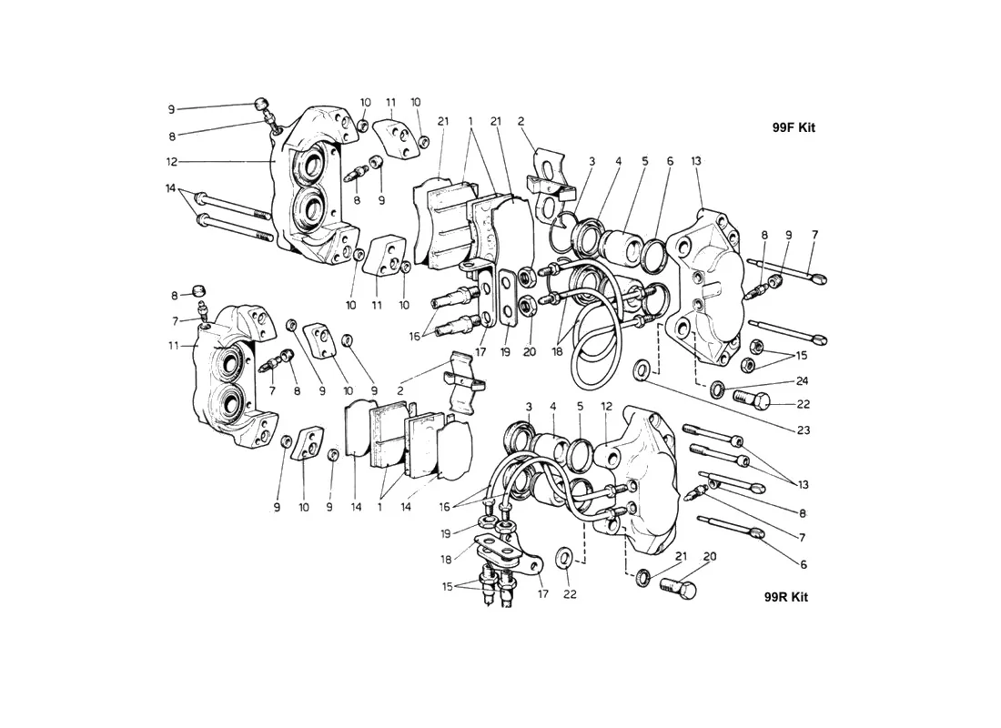 Ferrari 512 BB (Carburetor) Brake Calipers For Front And Rear exploded diagram